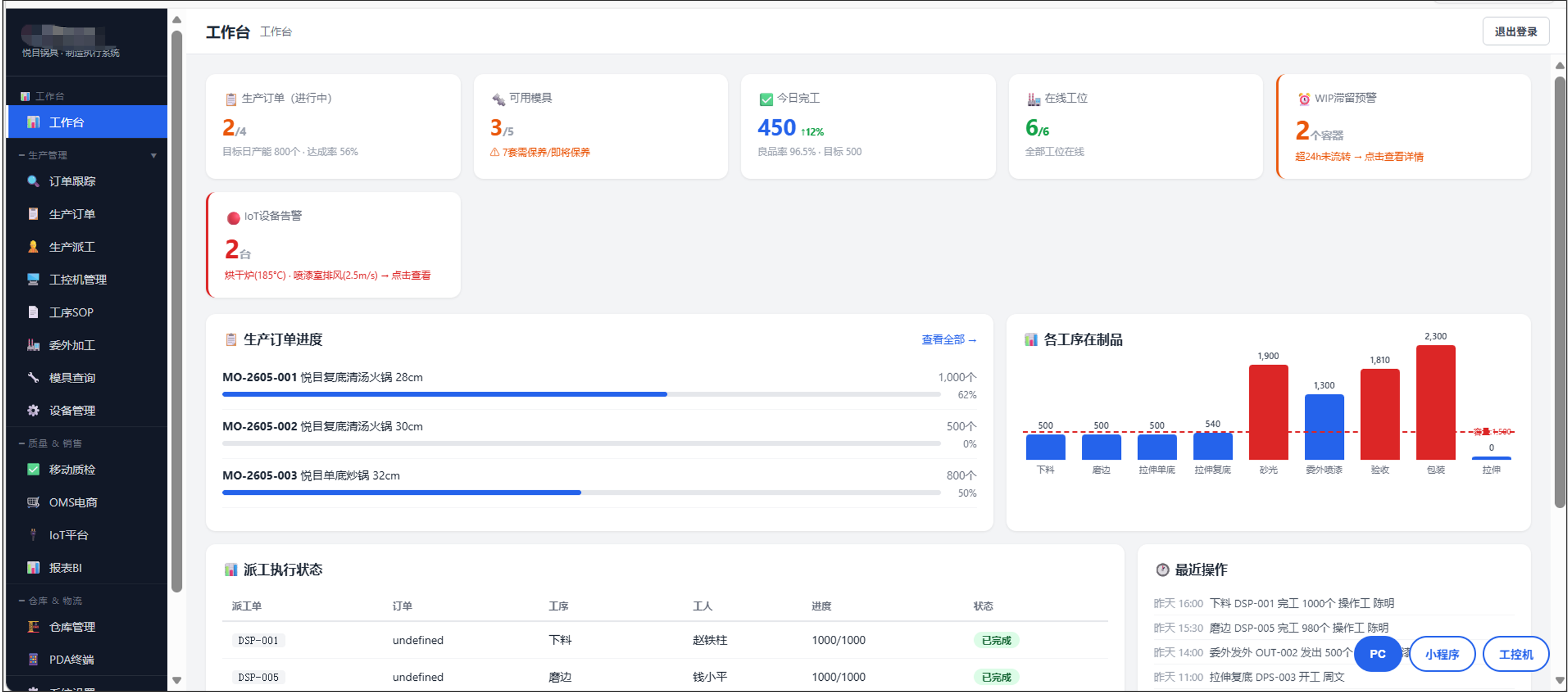 五金不锈钢MES系统主界面